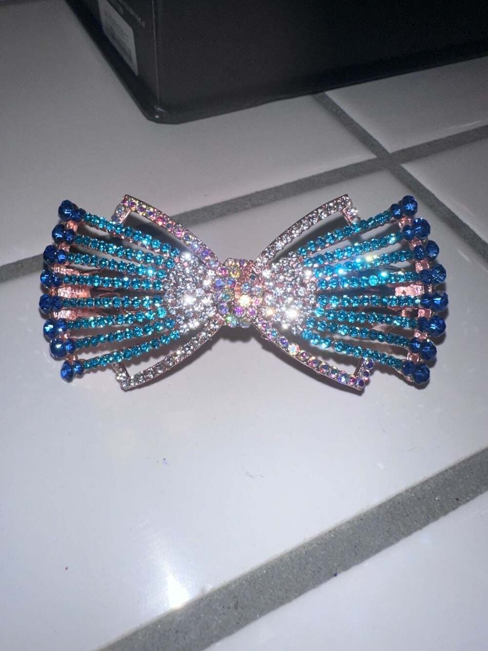 Sparkling Crystal Bow Hair Barrette with Blue and Clear Rhinestones
